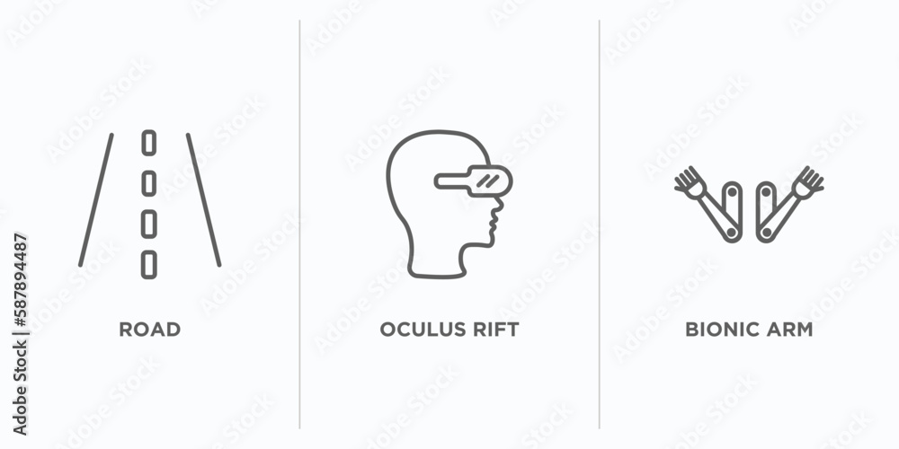 Poster artificial intellegence outline icons set. thin line icons such as road, oculus rift, bionic arm vec