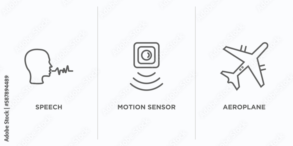 Poster artificial intellegence outline icons set. thin line icons such as speech, motion sensor, aeroplane 