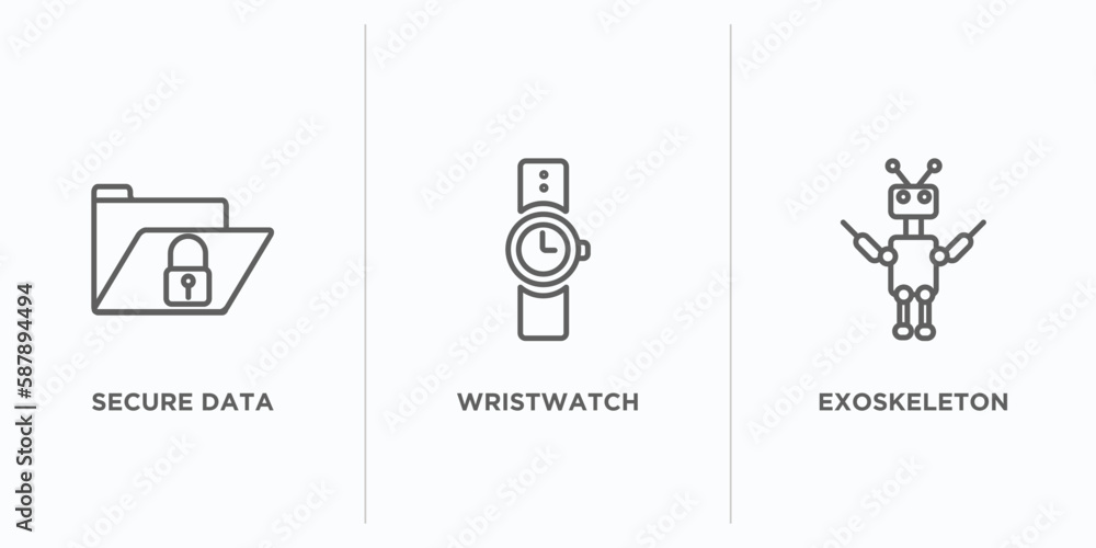 Poster artificial intellegence outline icons set. thin line icons such as secure data, wristwatch, exoskele