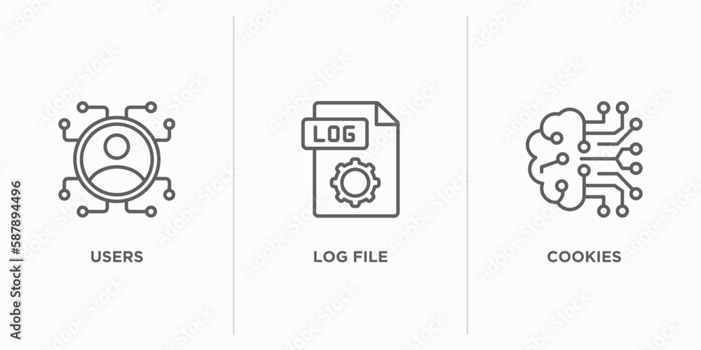 Poster artificial intelligence outline icons set. thin line icons such as users, log file, cookies vector. 