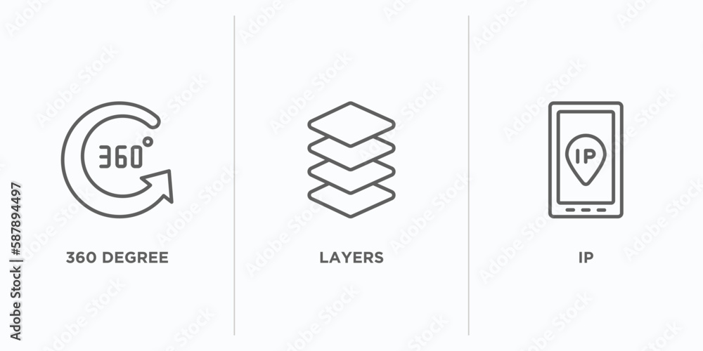 Poster artificial intelligence outline icons set. thin line icons such as 360 degree, layers, ip vector. li