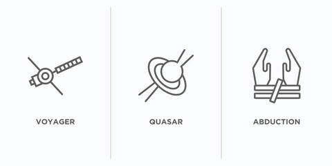 astronomy outline icons set. thin line icons such as voyager, quasar, abduction vector. linear icon sheet can be used web and mobile