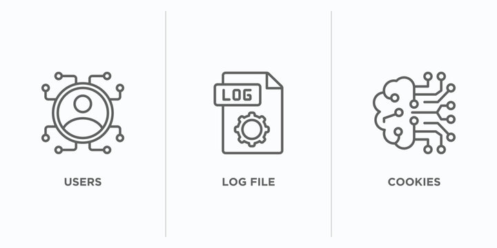 artificial intelligence outline icons set. thin line icons such as users, log file, cookies vector. linear icon sheet can be used web and mobile