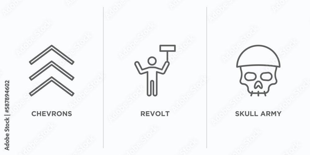 Poster army and war outline icons set. thin line icons such as chevrons, revolt, skull army vector. linear 