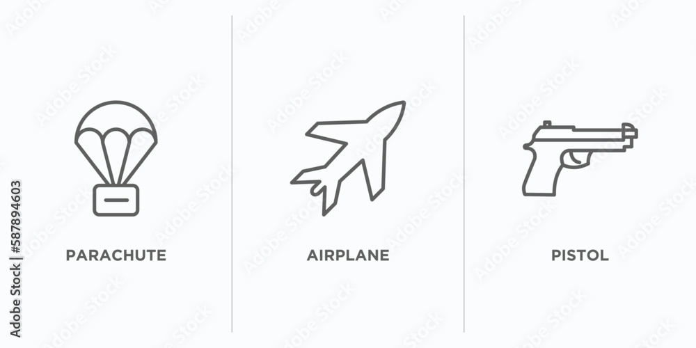 Poster army and war outline icons set. thin line icons such as parachute, airplane, pistol vector. linear i