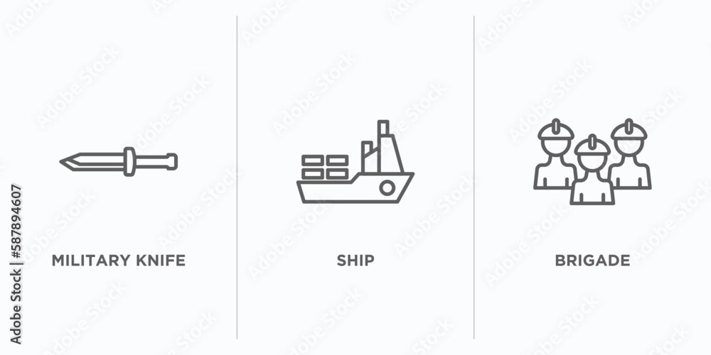 Poster army and war outline icons set. thin line icons such as military knife, ship, brigade vector. linear
