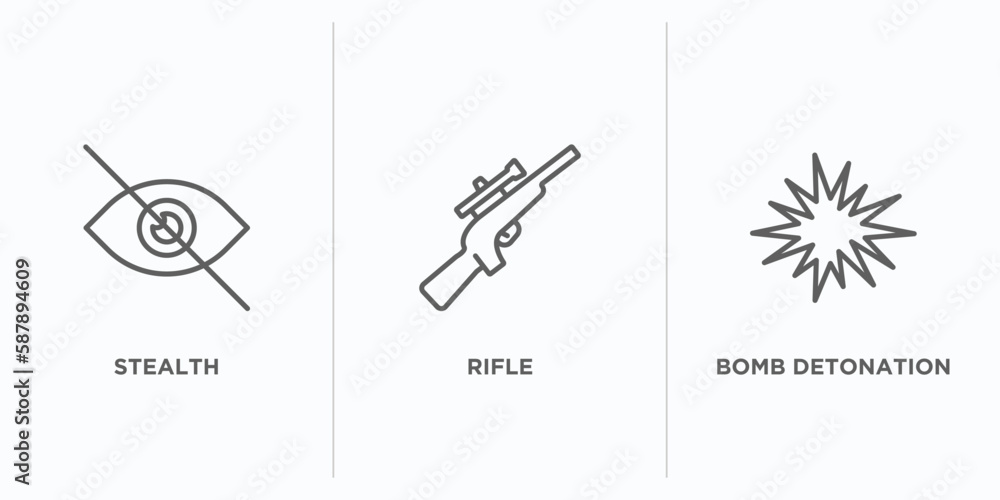 Poster army and war outline icons set. thin line icons such as stealth, rifle, bomb detonation vector. line