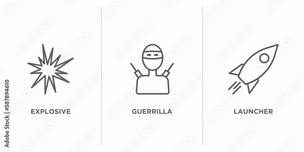 Poster army and war outline icons set. thin line icons such as explosive, guerrilla, launcher vector. linea