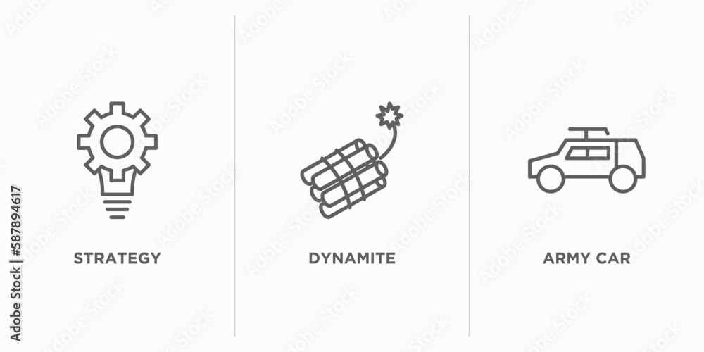 Poster army and war outline icons set. thin line icons such as strategy, dynamite, army car vector. linear 