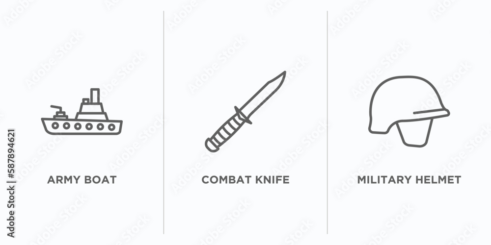 Poster army and war outline icons set. thin line icons such as army boat, combat knife, military helmet vec