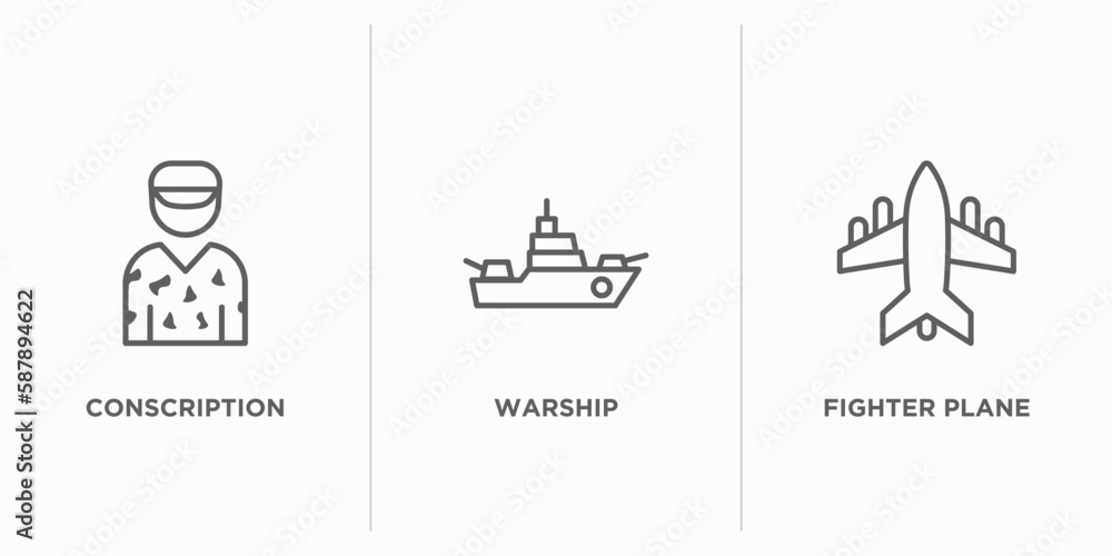 Aufkleber army and war outline icons set. thin line icons such as conscription, warship, fighter plane vector.