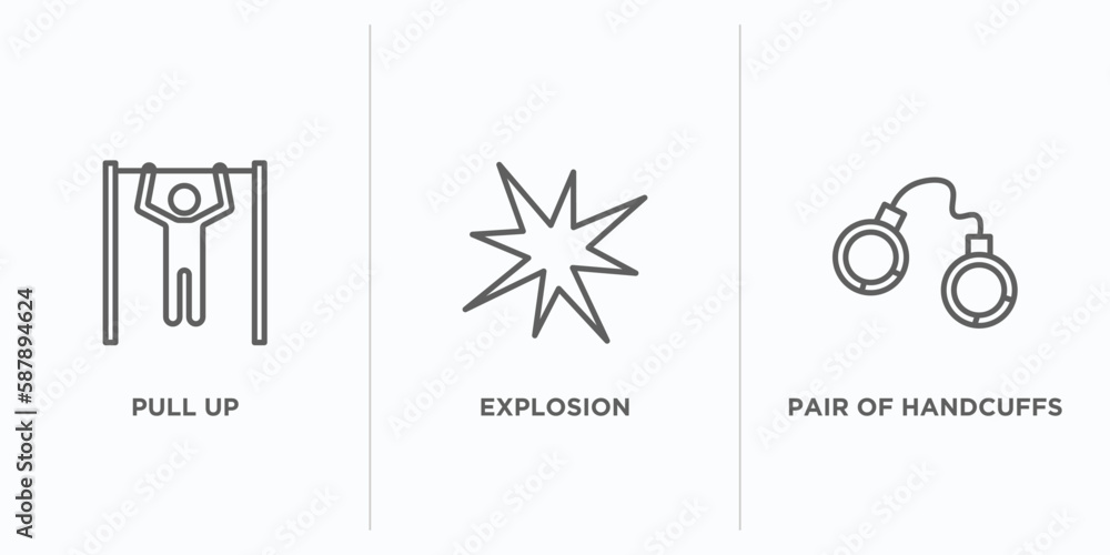 Poster army and war outline icons set. thin line icons such as pull up, explosion, pair of handcuffs vector