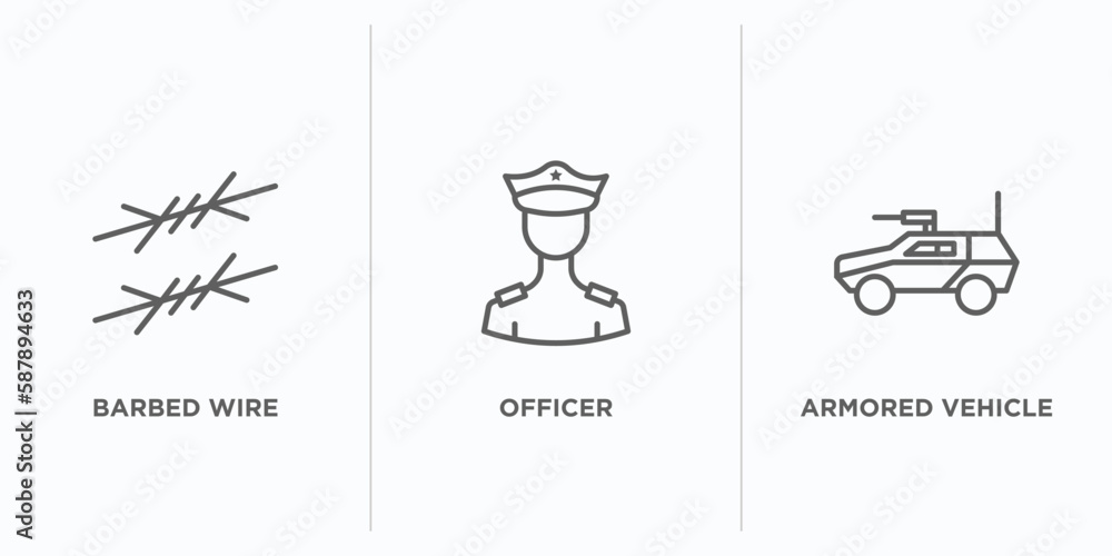 Poster army and war outline icons set. thin line icons such as barbed wire, officer, armored vehicle vector