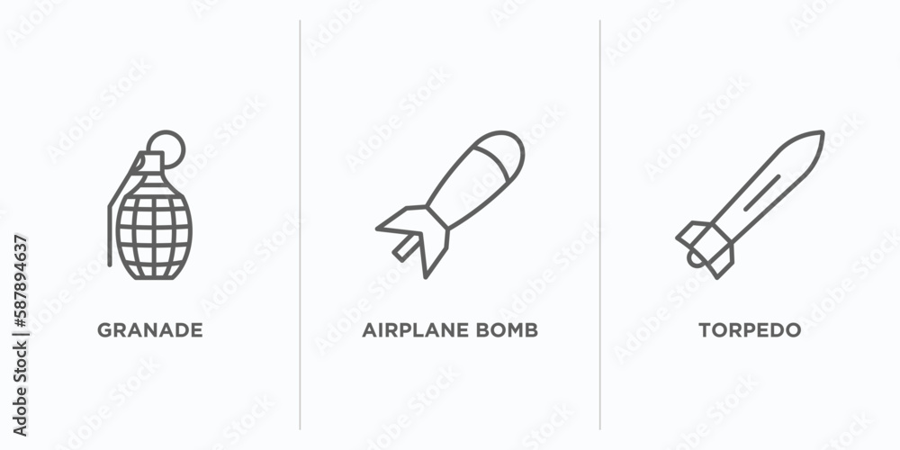 Poster army and war outline icons set. thin line icons such as granade, airplane bomb, torpedo vector. line