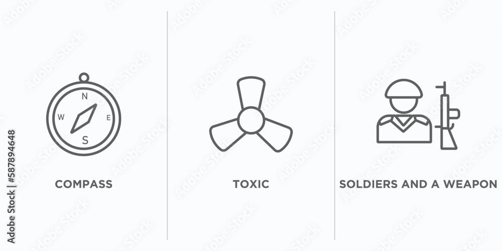 Poster army outline icons set. thin line icons such as compass, toxic, soldiers and a weapon vector. linear