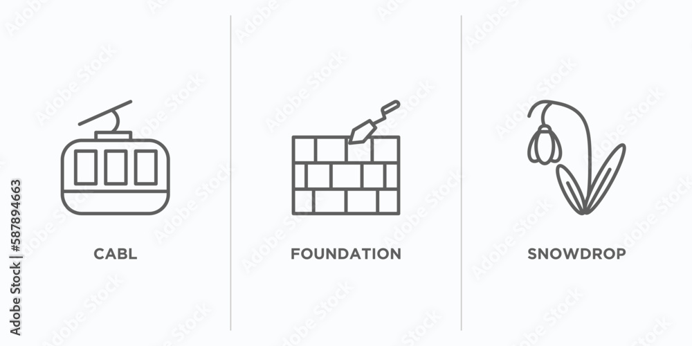 Poster architecture and city outline icons set. thin line icons such as cabl, foundation, snowdrop vector. 