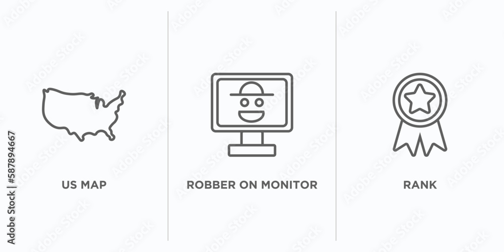 Poster army outline icons set. thin line icons such as us map, robber on monitor, rank vector. linear icon 