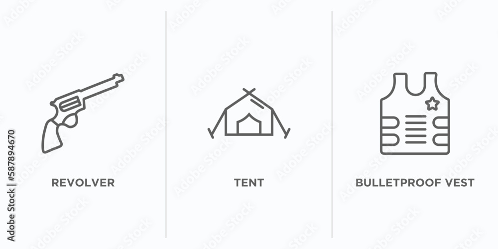 Poster army outline icons set. thin line icons such as revolver, tent, bulletproof vest vector. linear icon