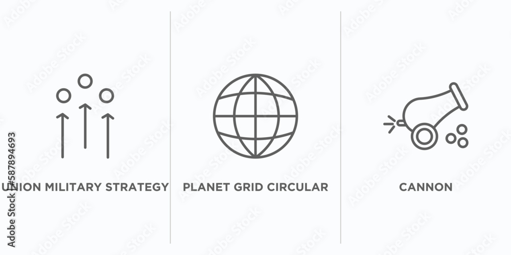 Poster army outline icons set. thin line icons such as union military strategy, planet grid circular, canno