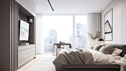 A cozy bedroom in a city, nestled in a high-rise apartment building, featuring floor-to-ceiling windows that provide views and natural light: photorealistic, illustration, Generative AI
