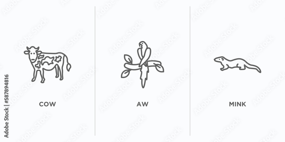 Poster animals outline icons set. thin line icons such as cow, aw, mink vector. linear icon sheet can be us