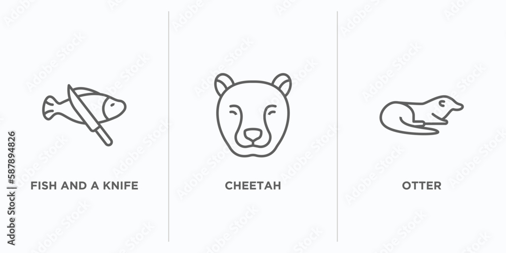 Poster animals outline icons set. thin line icons such as fish and a knife, cheetah, otter vector. linear i