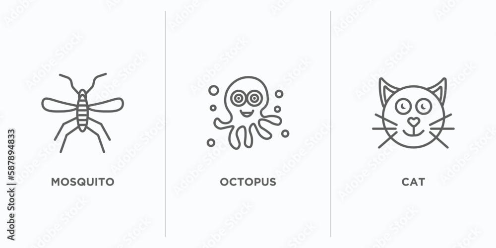Aufkleber animals outline icons set. thin line icons such as mosquito, octopus, cat vector. linear icon sheet 