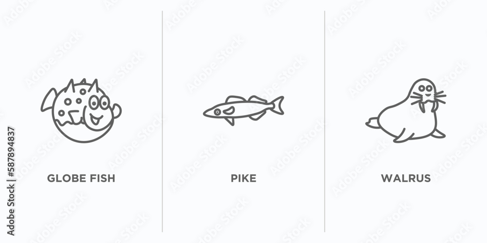 Poster animals outline icons set. thin line icons such as globe fish, pike, walrus vector. linear icon shee
