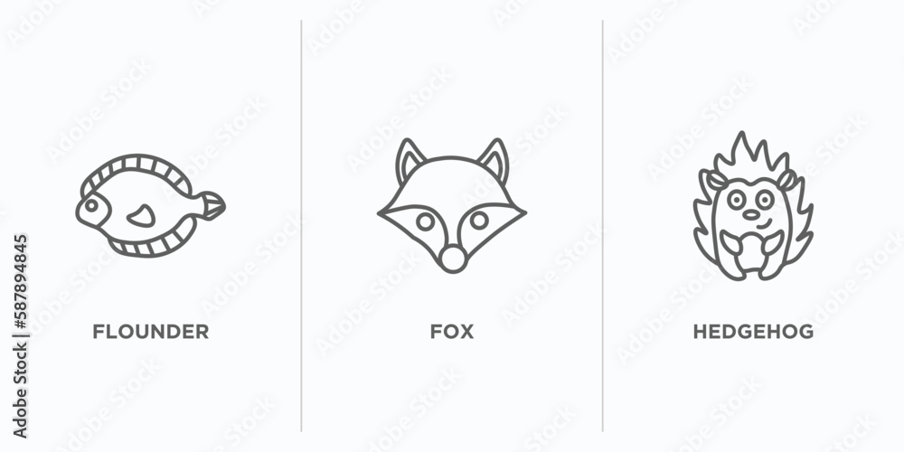 Poster animals outline icons set. thin line icons such as flounder, fox, hedgehog vector. linear icon sheet