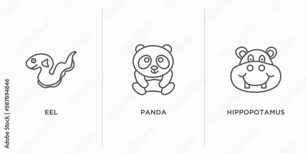Poster animals outline icons set. thin line icons such as eel, panda, hippopotamus vector. linear icon shee