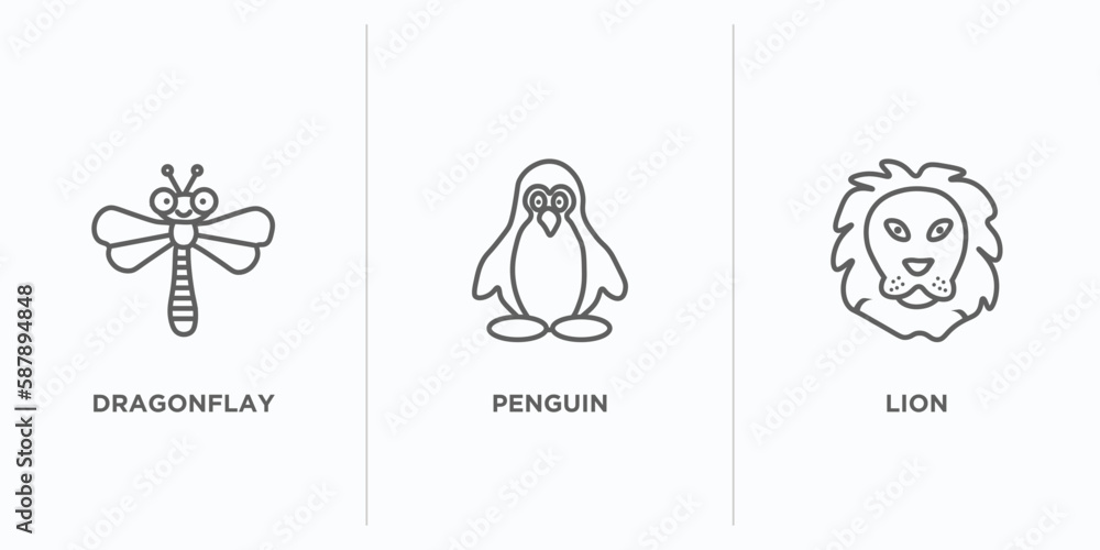 Poster animals outline icons set. thin line icons such as dragonflay, penguin, lion vector. linear icon she