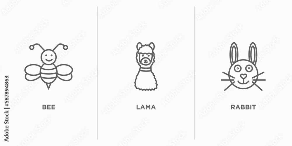 Poster animals outline icons set. thin line icons such as bee, lama, rabbit vector. linear icon sheet can b