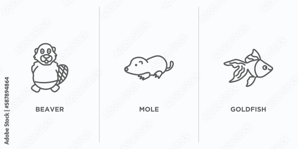 Poster animals outline icons set. thin line icons such as beaver, mole, goldfish vector. linear icon sheet 