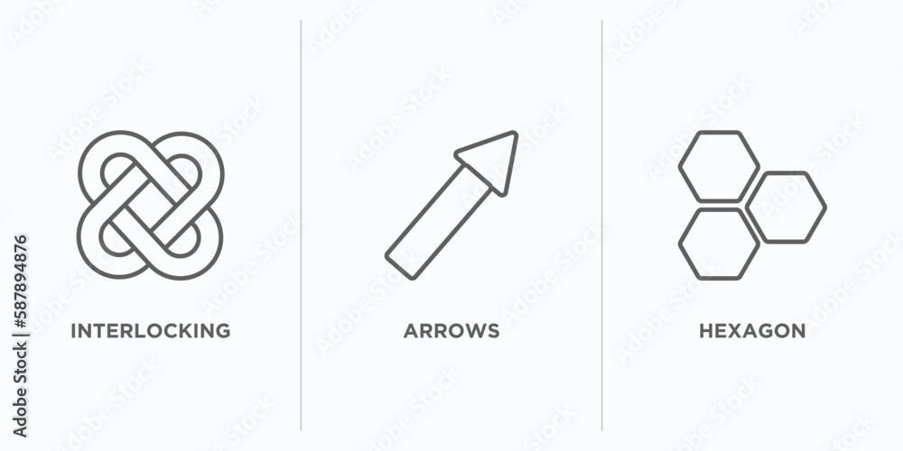 Poster analytics outline icons set. thin line icons such as interlocking, arrows, hexagon vector. linear ic
