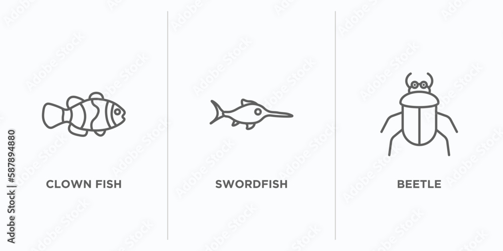 Poster animals outline icons set. thin line icons such as clown fish, swordfish, beetle vector. linear icon
