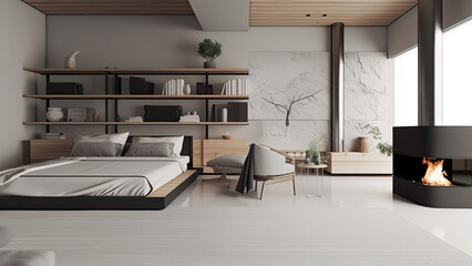 A modern bedroom with minimalistic furniture featuring a cozy fireplace and marble wall: photorealistic illustration, Generative AI