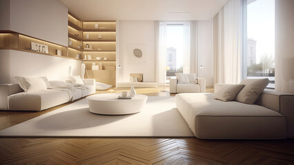 Obraz na płótnie Canvas A contemporary living room with a high ceiling, white walls, and minimalistic furniture: photorealistic illustration, Generative AI