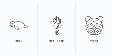 animals outline icons set. thin line icons such as seal, seahorse, tiger vector. linear icon sheet can be used web and mobile