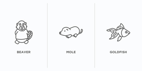 animals outline icons set. thin line icons such as beaver, mole, goldfish vector. linear icon sheet can be used web and mobile
