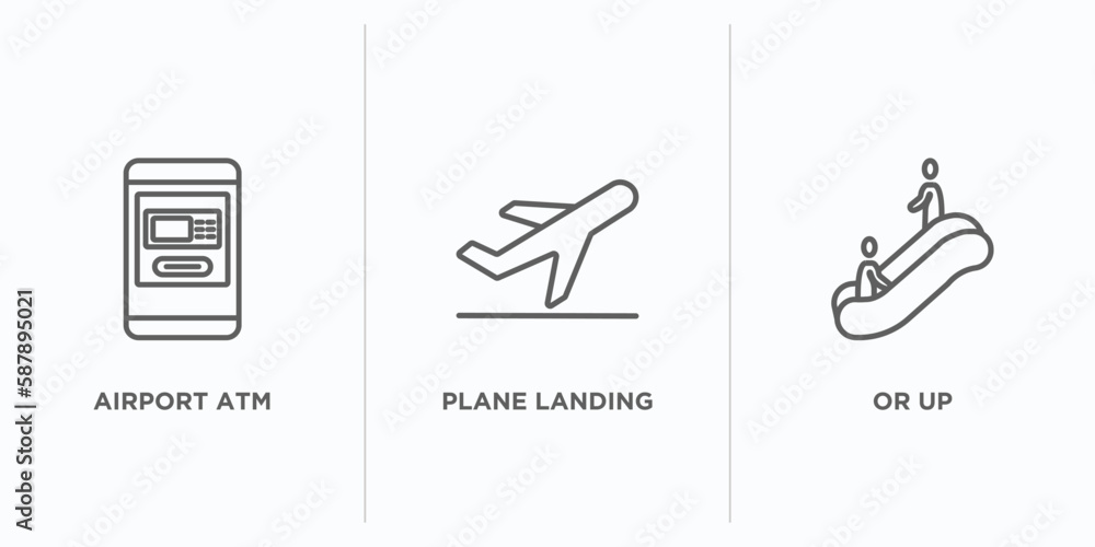Poster airport terminal outline icons set. thin line icons such as airport atm, plane landing, or up vector
