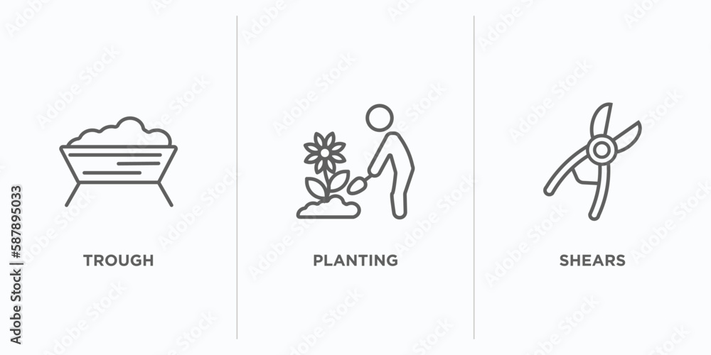 Poster agriculture farming outline icons set. thin line icons such as trough, planting, shears vector. line