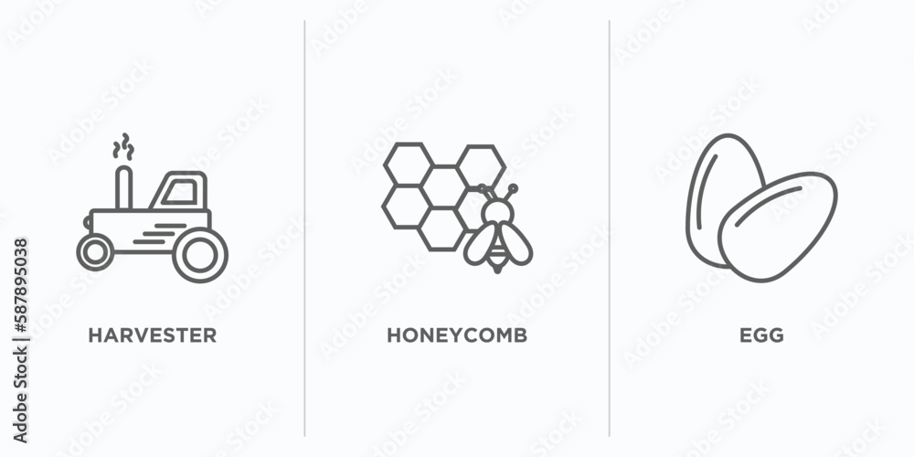 Poster agriculture farming outline icons set. thin line icons such as harvester, honeycomb, egg vector. lin