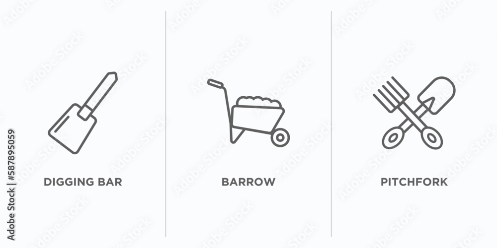 Poster agriculture farming outline icons set. thin line icons such as digging bar, barrow, pitchfork vector