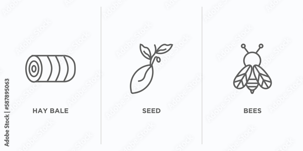 Poster agriculture farming outline icons set. thin line icons such as hay bale, seed, bees vector. linear i
