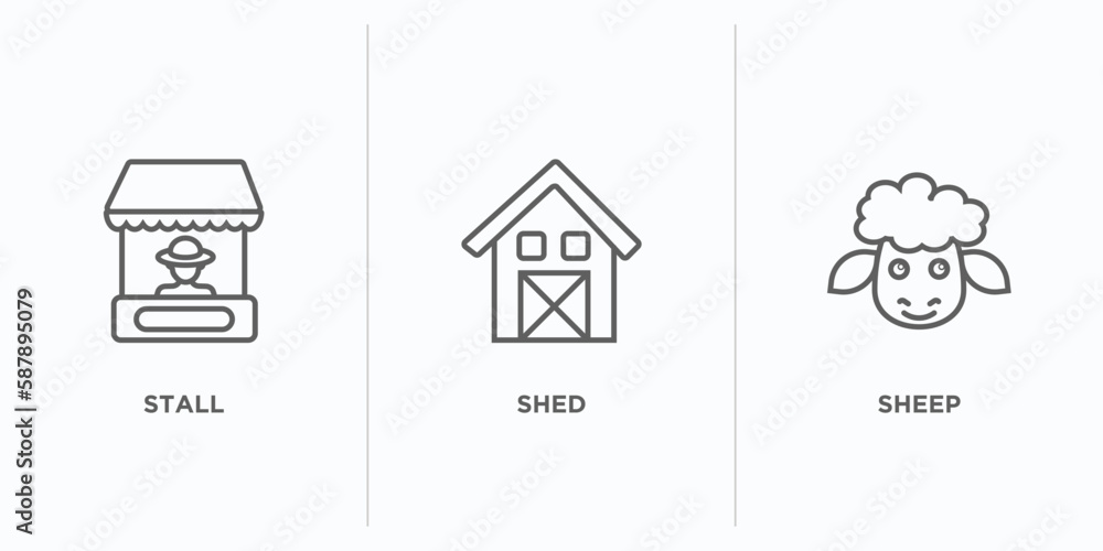 Poster agriculture farming outline icons set. thin line icons such as stall, shed, sheep vector. linear ico
