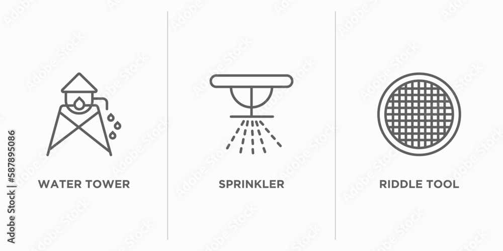Poster agriculture farming outline icons set. thin line icons such as water tower, sprinkler, riddle tool v