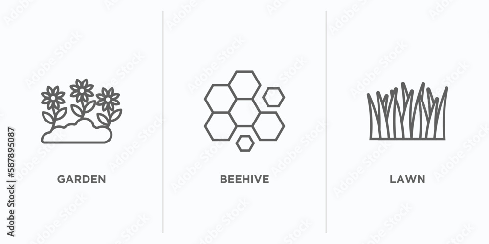 Poster farming outline icons set. thin line icons such as garden, beehive, lawn vector. linear icon sheet c