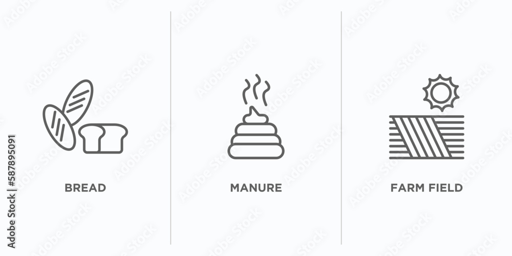 Poster agriculture farming outline icons set. thin line icons such as bread, manure, farm field vector. lin