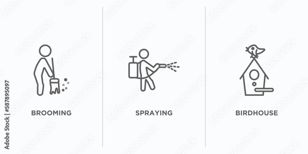 Poster farming outline icons set. thin line icons such as brooming, spraying, birdhouse vector. linear icon