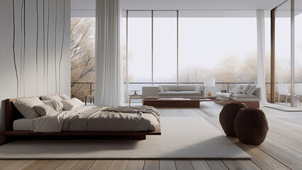 A bedroom with a minimalistic interior, featuring surrounding floor-to-ceiling glass windows that provide panoramic views: photorealistic illustration, Generative AI